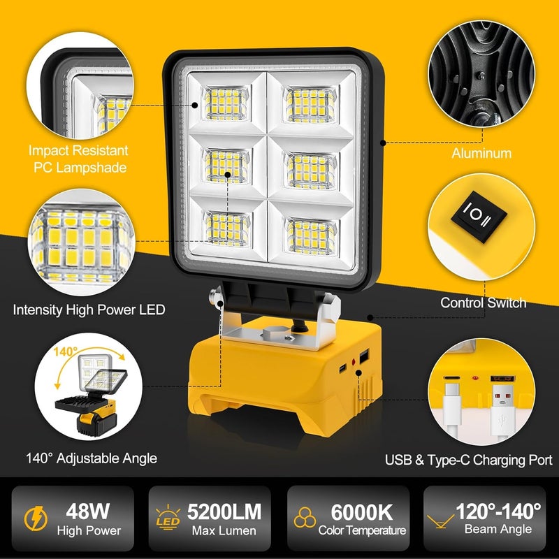 T-SUN 50W 5000LM LED Work Light, Cordless Portable Light for Dewalt 20V Max Battery(Not Included), with USB C & USB Port for Jobsite, Emergency, Garage, Car Repair. - Image 2